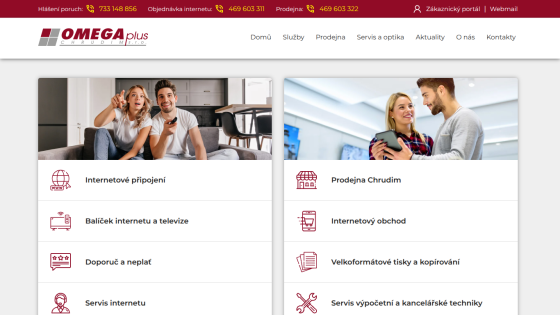 Homepage of Omega Plus showing internet connection and sales services with images of smiling people and service icons