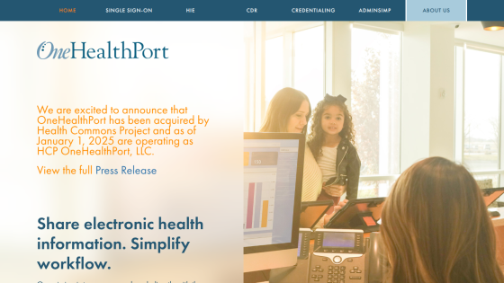 OneHealthPort homepage announcing acquisition by Health Current with a call to simplify electronic health information workflow
