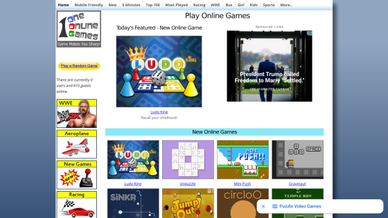 Homepage featuring online games with a highlighted game and navigation options.