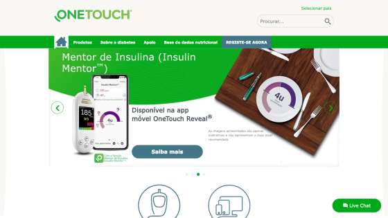 OneTouch homepage featuring Insulin Mentor app promotion with product images and navigation menu