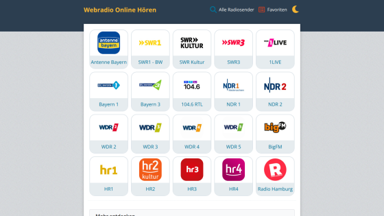 Grid of radio station logos with navigation options for online listening.