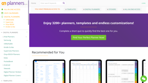 Planner website offering 3200+ customizable planners with a quiz to find the perfect planner and recommended planner images