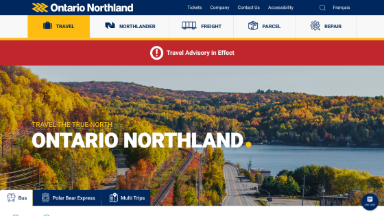 Ontario Northland travel website with autumn landscape, travel advisory banner, and navigation options