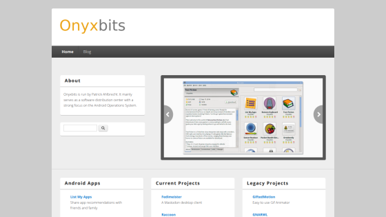 Onyxbits website homepage with navigation, about section, app carousel, and project listings focused on Android apps and software projects.