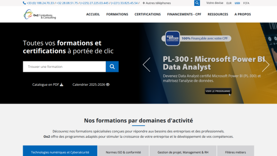 Homepage of Oo2 Formations & Consulting offering training and certifications with a search bar and featured Microsoft Power BI Data Analyst course