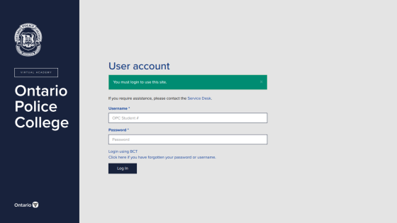 Ontario Police College Virtual Academy user login page with username and password fields and login button