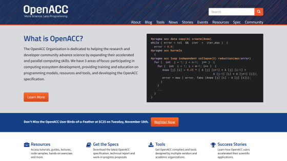 OpenACC homepage explaining its mission to advance science with accelerated computing, featuring navigation, code snippet, and call to action.