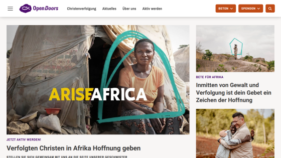 Website header with navigation and hero section showing a woman sitting outside a tent with text 'ARISE AFRICA' and articles about supporting persecuted Christians in Africa