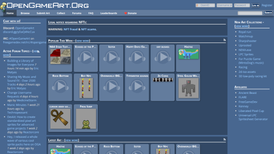 OpenGameArt.org homepage featuring game art resources and navigation links.