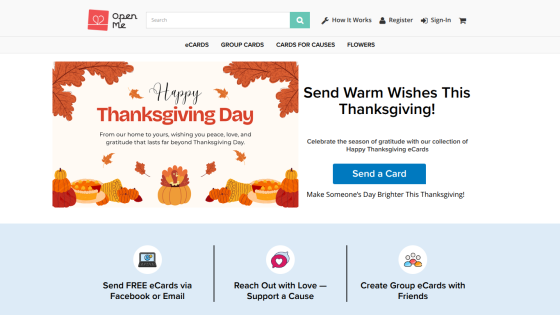 Website offering Thanksgiving eCards with a call to send warm wishes and options to send free eCards, support causes, and create group cards