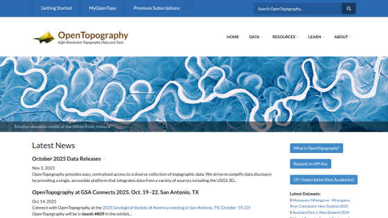 OpenTopography homepage with colorful topographic map banner and navigation menu including Home, Data, Resources, and About