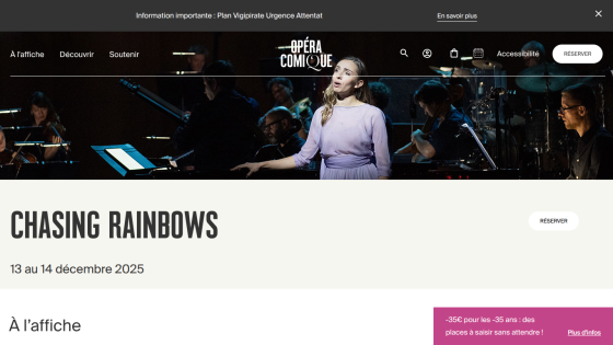 Opéra Comique website showing event 'Chasing Rainbows' scheduled for December 13-14, 2025 with reservation options.