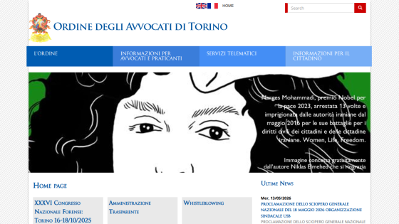 Homepage of the Turin Bar Association with navigation links and an illustration of a face.