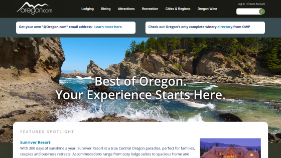 Oregon.com homepage featuring a mountain lake hero image with text 'Best of Oregon. Your Experience Starts Here.' and a spotlight on Sunriver Resort.