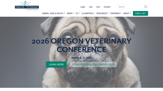 Oregon Veterinary Medical Association homepage promoting 2026 Oregon Veterinary Conference with dates and registration info