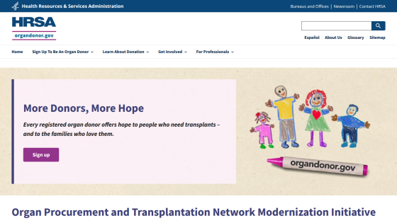 HRSA website promoting organ donation with a call to action to sign up.
