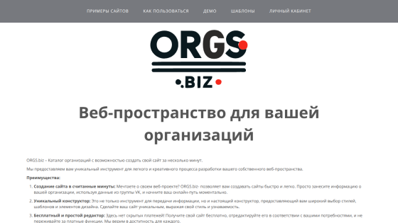 Website header for ORGS.BIZ with a description of services for organizations.