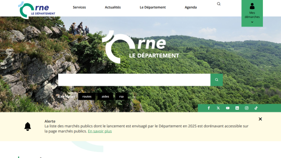 Orne Le Département website with navigation menu, search bar, and alert about public markets in 2025