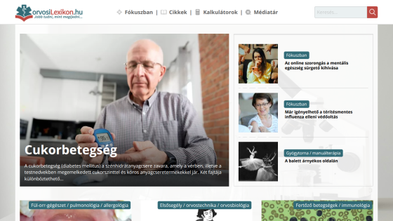 Medical website homepage featuring diabetes information and articles on mental health, influenza vaccination, and therapy.