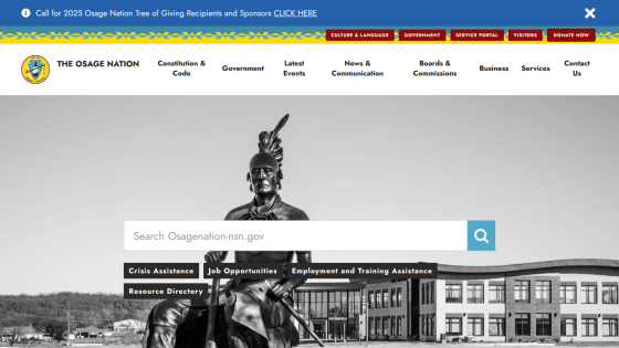 Osage Nation website with navigation menu, search bar, and links for crisis assistance, job opportunities, and training