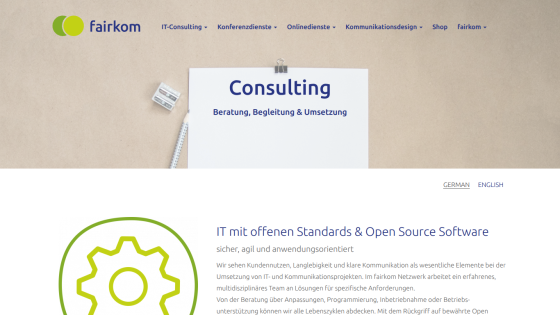 Fairkom IT consulting website with navigation menu and consulting services description in German