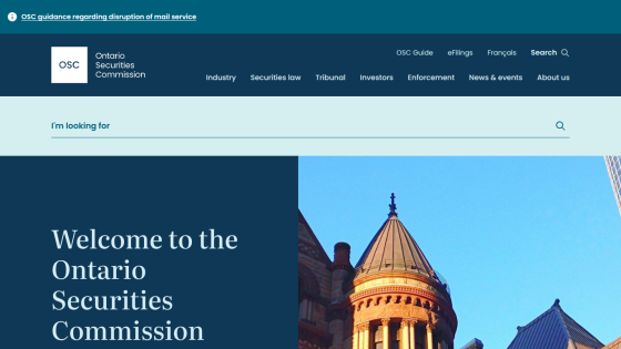 Ontario Securities Commission homepage with welcome message and image of a historic building tower