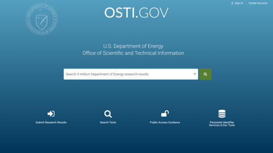 Homepage of OSTI.GOV featuring a search bar and navigation options for research results.