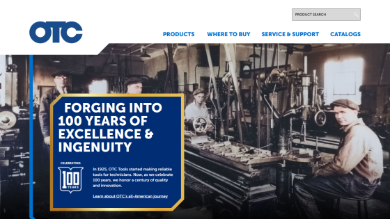 OTC Tools celebrating 100 years of excellence and ingenuity with a historical workshop image and navigation links