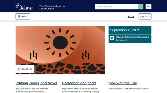 City of Ottawa website homepage featuring navigation and key sections on services.