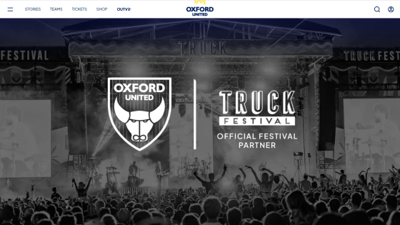 Oxford United website header with navigation and hero section showing Truck Festival official partner announcement