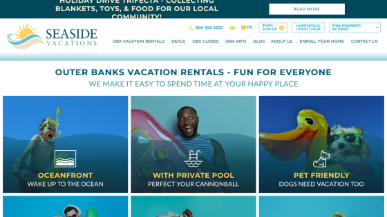 Seaside Vacations homepage offering Outer Banks vacation rentals with oceanfront, private pool, and pet-friendly options