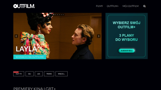 Homepage of Outfilm featuring a film titled 'Layla' and navigation options.