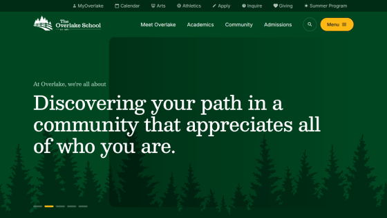 Homepage of a school highlighting community values and personal growth.