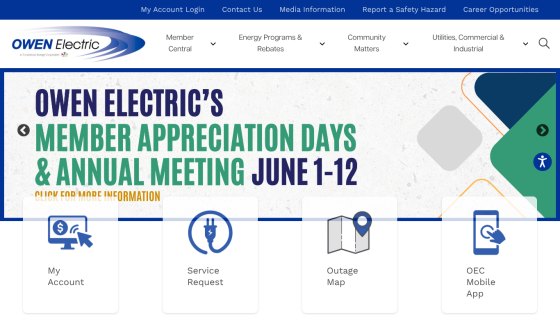 Owen Electric's Member Appreciation Days and Annual Meeting announcement with service options below.