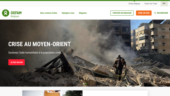 Oxfam Belgium homepage featuring a humanitarian crisis in the Middle East.