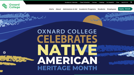 Oxnard College website celebrating Native American Heritage Month with navigation and apply button visible.