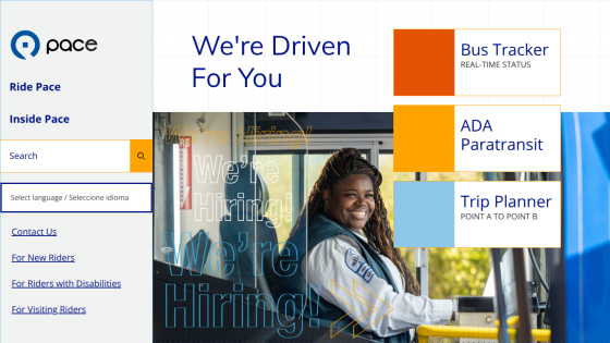 Pace transit website with navigation menu, search, and a smiling bus driver promoting hiring and transit services