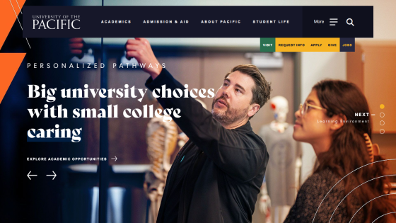 Homepage featuring a university tagline about personalized education with two students in focus.