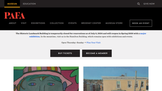 PAFA museum site with renovation notice, visit info, and options to buy tickets or become a member