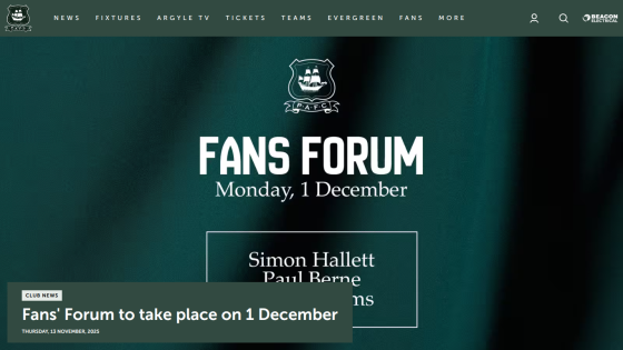 Fans Forum event announcement for Monday, 1 December with speakers Simon Hallett and Paul Byrne