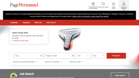 Job search interface with filters for position and location on Page Personnel website.