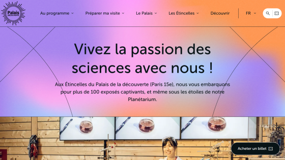 Palais de la découverte website promoting science passion with event details and ticket purchase option