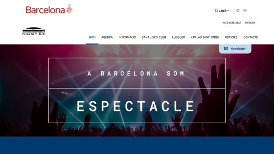 Barcelona Palau Sant Jordi website with navigation menu and hero section promoting 'Espectacle' event