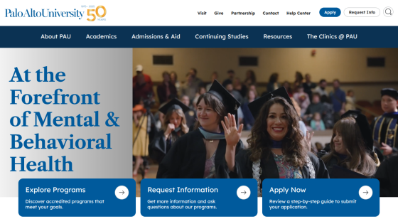 Palo Alto University homepage highlighting mental and behavioral health programs with options to explore programs, request information, and apply