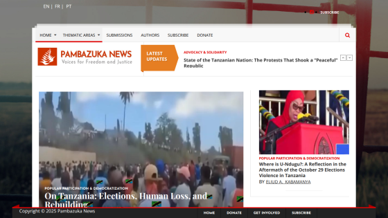 News website homepage with headline on Tanzanian elections and navigation menu including Home, News, Lifestyle, and more