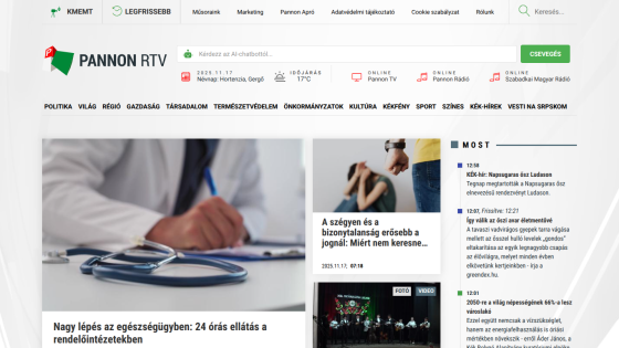 Pannon RTV news site with headlines on healthcare, legal issues, and local events, plus weather and online radio links