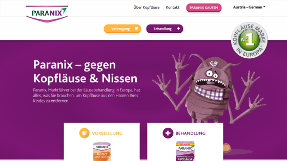 Paranix website promoting head lice and nits treatment with prevention and treatment options, featuring product images and mascot.