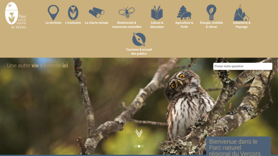 Welcome page of Parc naturel régional du Vercors with navigation icons and an owl on a tree branch