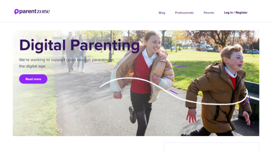 Parentzone homepage promoting digital parenting support with children running in a park and a call to action button