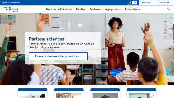 Educational website homepage with a teacher and students raising hands, promoting science education in Canada